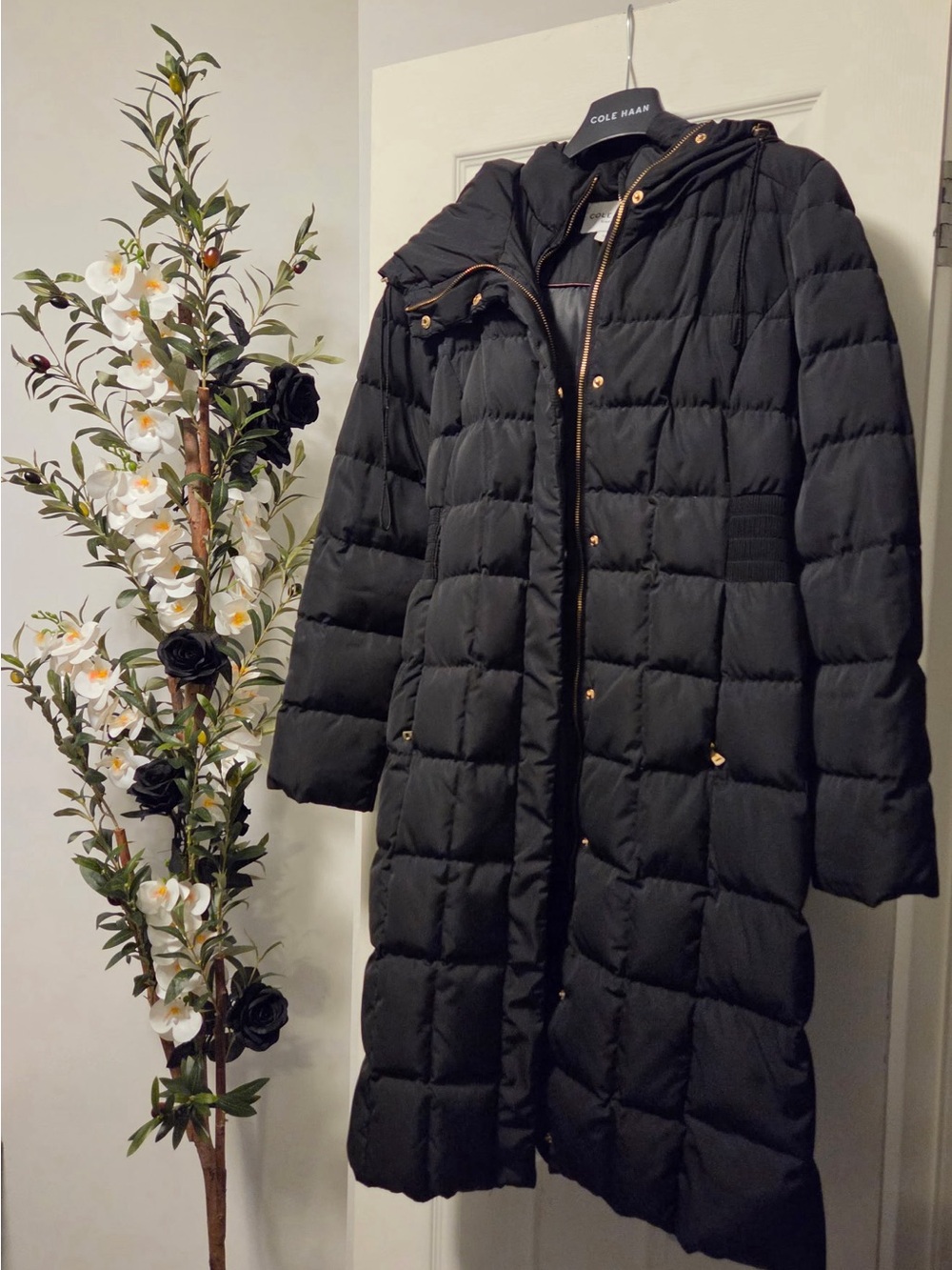 Cole Haan Black Long Quilted Hooded Puffer Coat with Gold Accents